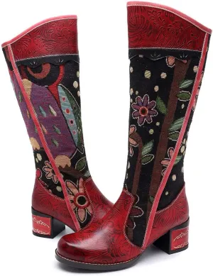 CrazycatZ Womens Leather Bohemian Knee High Boots Block Heel Tall Bootie Exotic Pattern