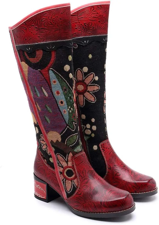 CrazycatZ Womens Leather Bohemian Knee High Boots Block Heel Tall Bootie Exotic Pattern
