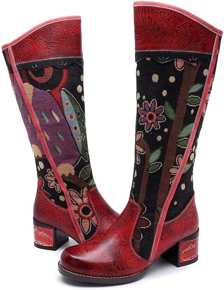 CrazycatZ Womens Leather Bohemian Knee High Boots Block Heel Tall Bootie Exotic Pattern