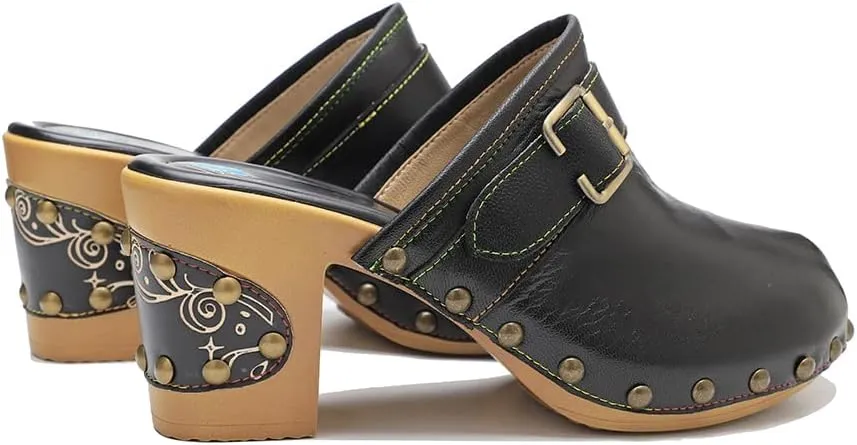 CrazycatZ Womens Leather Clogs Sandals, Colorful Bohemian Mules Block Heels Leather Clogs Shoes
