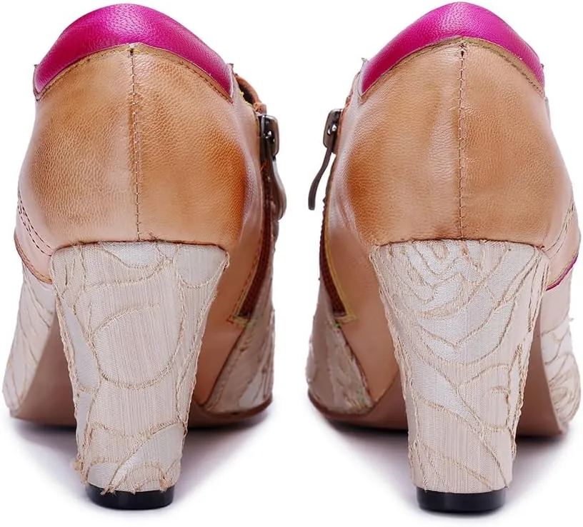 CrazycatZ Women's Leather Dressing Shoes Pumps,Colorful Block Heel Leather Dress Pumps