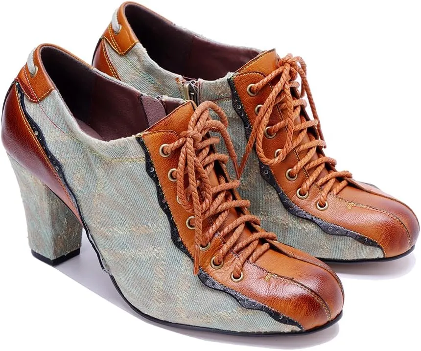 CrazycatZ Women's Leather Dressing Shoes Pumps,Colorful Block Heel Leather Dress Pumps