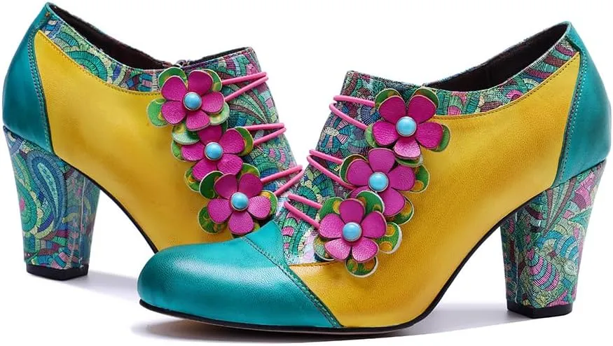 CrazycatZ Women's Leather Dressing Shoes Pumps,Colorful Block Heel Leather Dress Pumps