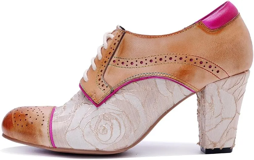CrazycatZ Women's Leather Dressing Shoes Pumps,Colorful Block Heel Leather Dress Pumps
