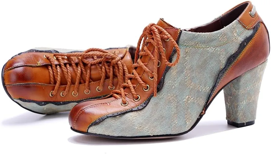 CrazycatZ Women's Leather Dressing Shoes Pumps,Colorful Block Heel Leather Dress Pumps