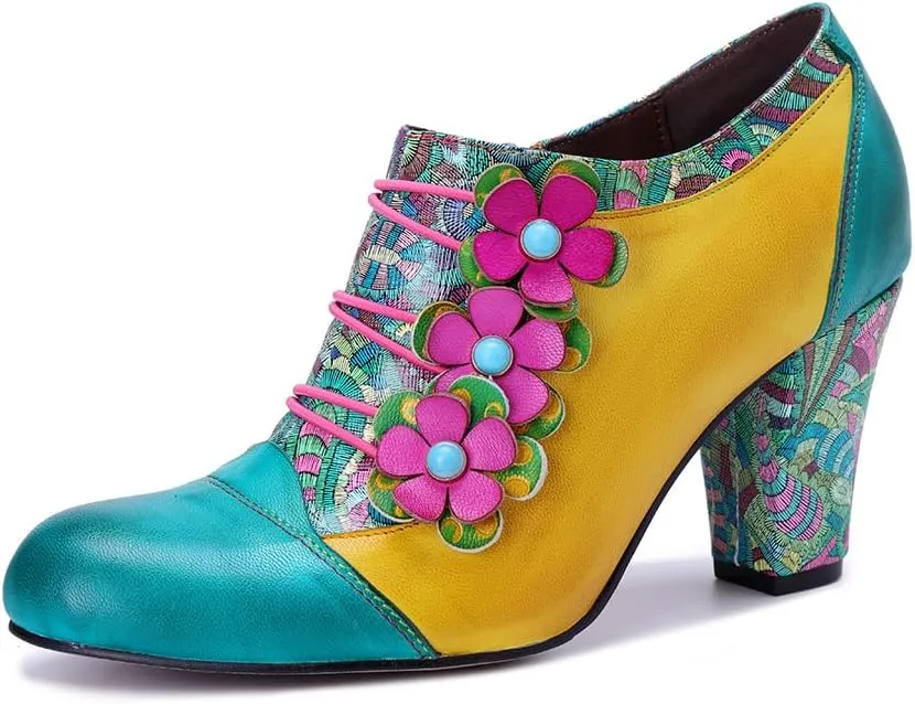CrazycatZ Women's Leather Dressing Shoes Pumps,Colorful Block Heel Leather Dress Pumps