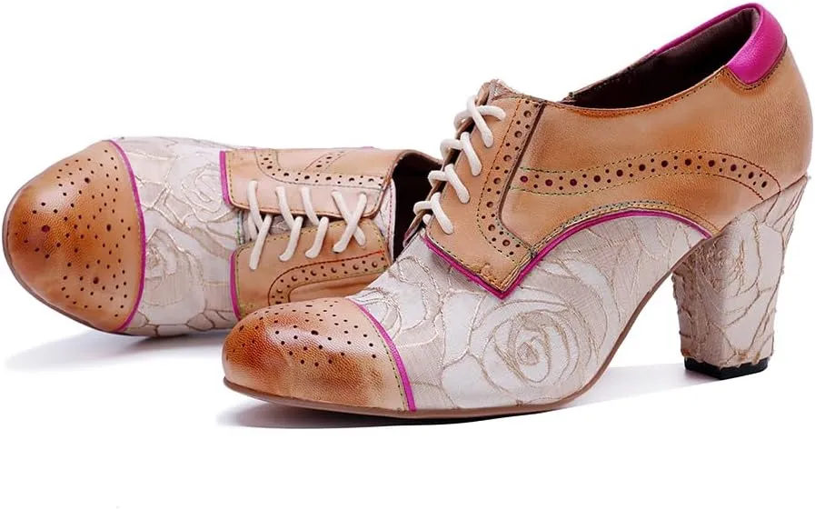 CrazycatZ Women's Leather Dressing Shoes Pumps,Colorful Block Heel Leather Dress Pumps