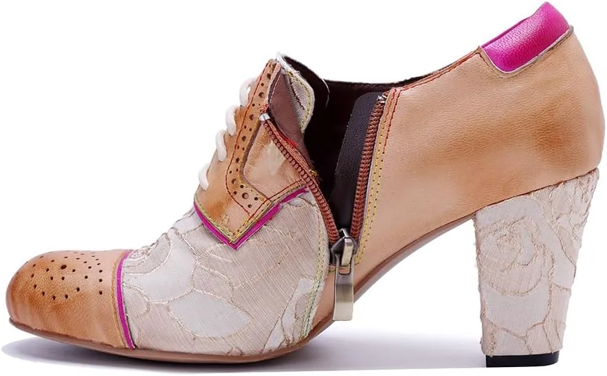 CrazycatZ Women's Leather Dressing Shoes Pumps,Colorful Block Heel Leather Dress Pumps
