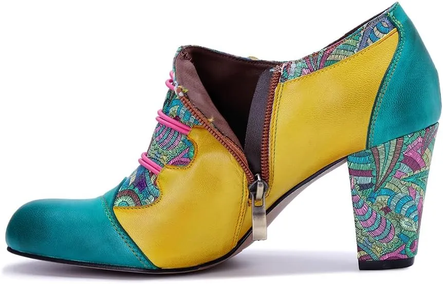 CrazycatZ Women's Leather Dressing Shoes Pumps,Colorful Block Heel Leather Dress Pumps