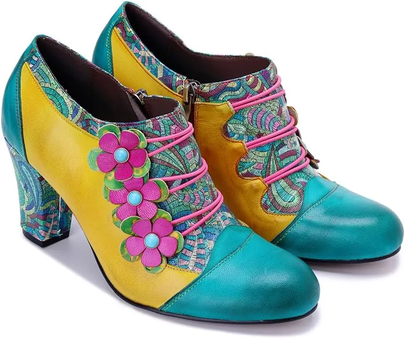 CrazycatZ Women's Leather Dressing Shoes Pumps,Colorful Block Heel Leather Dress Pumps