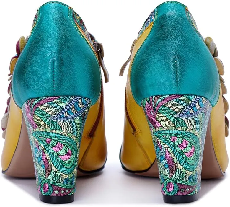 CrazycatZ Women's Leather Dressing Shoes Pumps,Colorful Block Heel Leather Dress Pumps