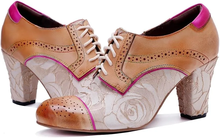 CrazycatZ Women's Leather Dressing Shoes Pumps,Colorful Block Heel Leather Dress Pumps