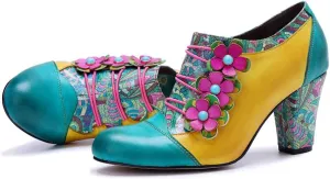CrazycatZ Women's Leather Dressing Shoes Pumps,Colorful Block Heel Leather Dress Pumps
