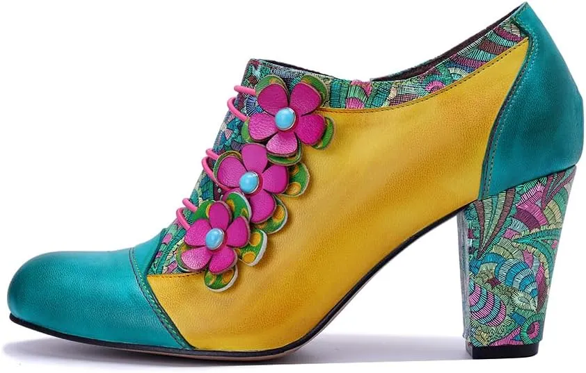 CrazycatZ Women's Leather Dressing Shoes Pumps,Colorful Block Heel Leather Dress Pumps