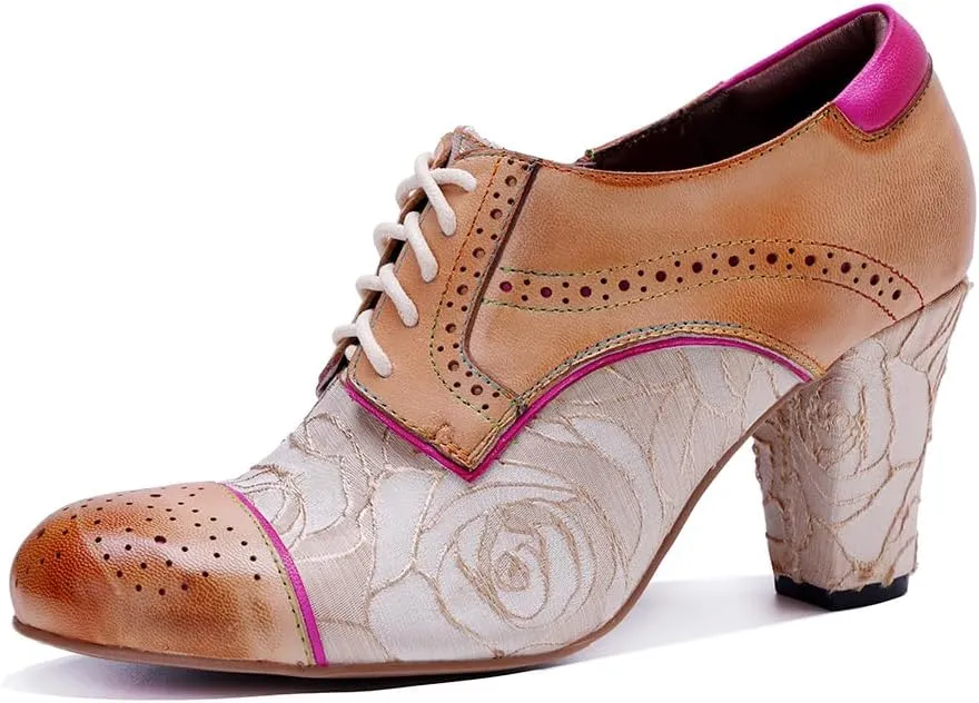 CrazycatZ Women's Leather Dressing Shoes Pumps,Colorful Block Heel Leather Dress Pumps