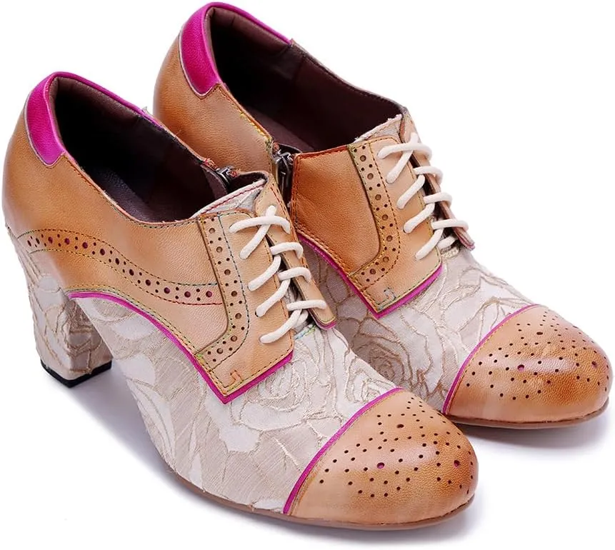 CrazycatZ Women's Leather Dressing Shoes Pumps,Colorful Block Heel Leather Dress Pumps