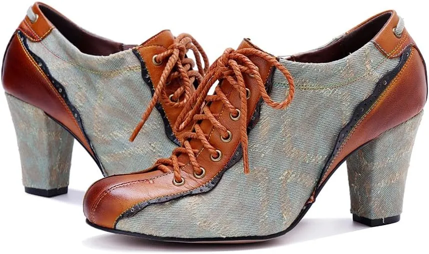 CrazycatZ Women's Leather Dressing Shoes Pumps,Colorful Block Heel Leather Dress Pumps