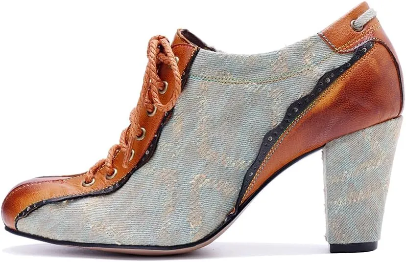 CrazycatZ Women's Leather Dressing Shoes Pumps,Colorful Block Heel Leather Dress Pumps