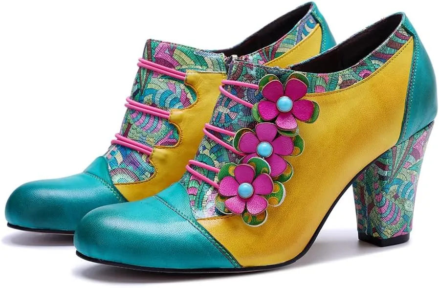 CrazycatZ Women's Leather Dressing Shoes Pumps,Colorful Block Heel Leather Dress Pumps
