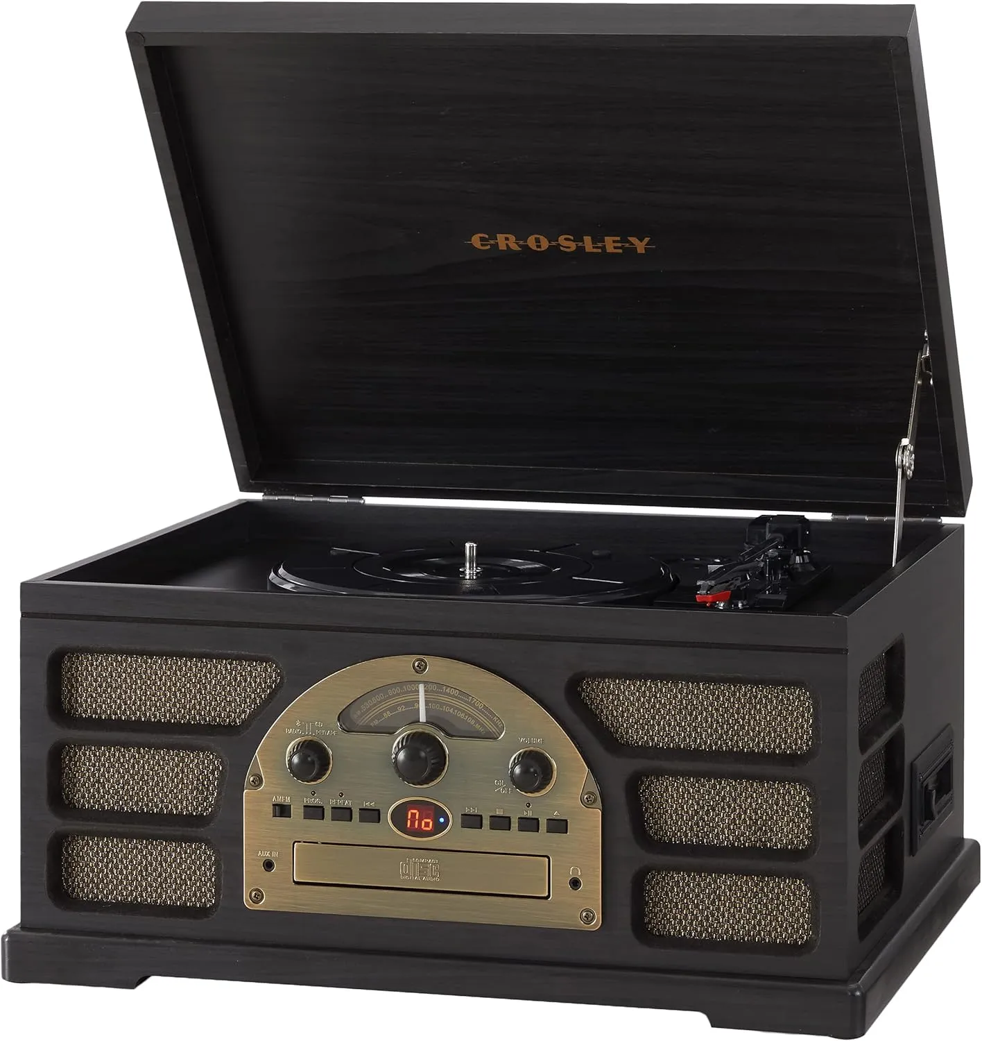 Crosley CR7021A-BK Rochester Entertainment Center with Bluetooth, AM/FM Radio, CD Player, Cassette Deck, and Aux-in, Black