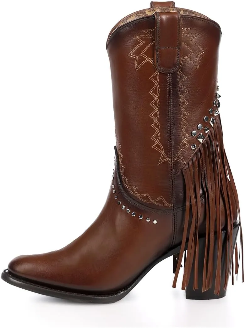 Cuadra Handmade Honey leather Western Style Boots With Studded Details Brown 4V11RS