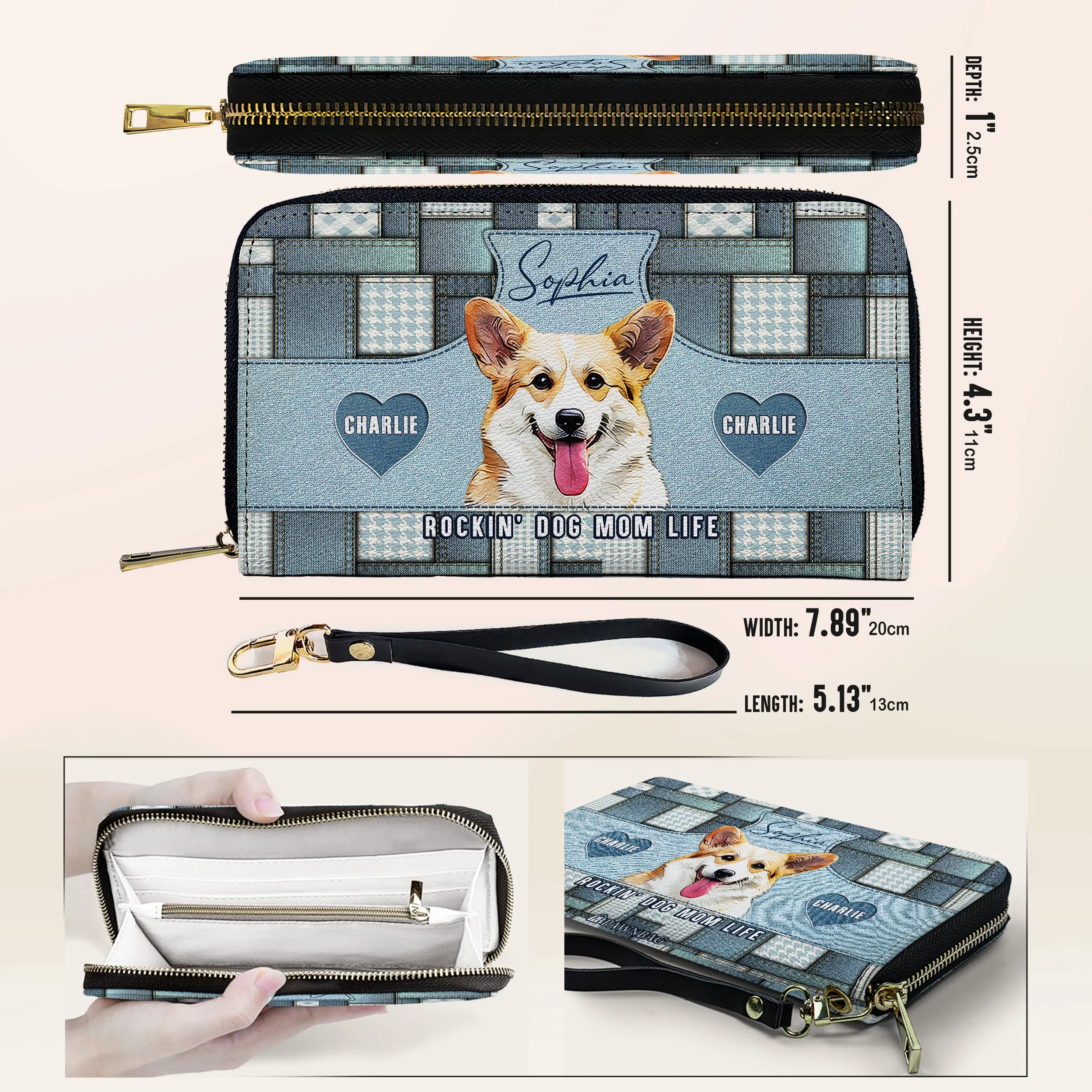 Custom Dog Portrait Denim Patchwork Leather Purse