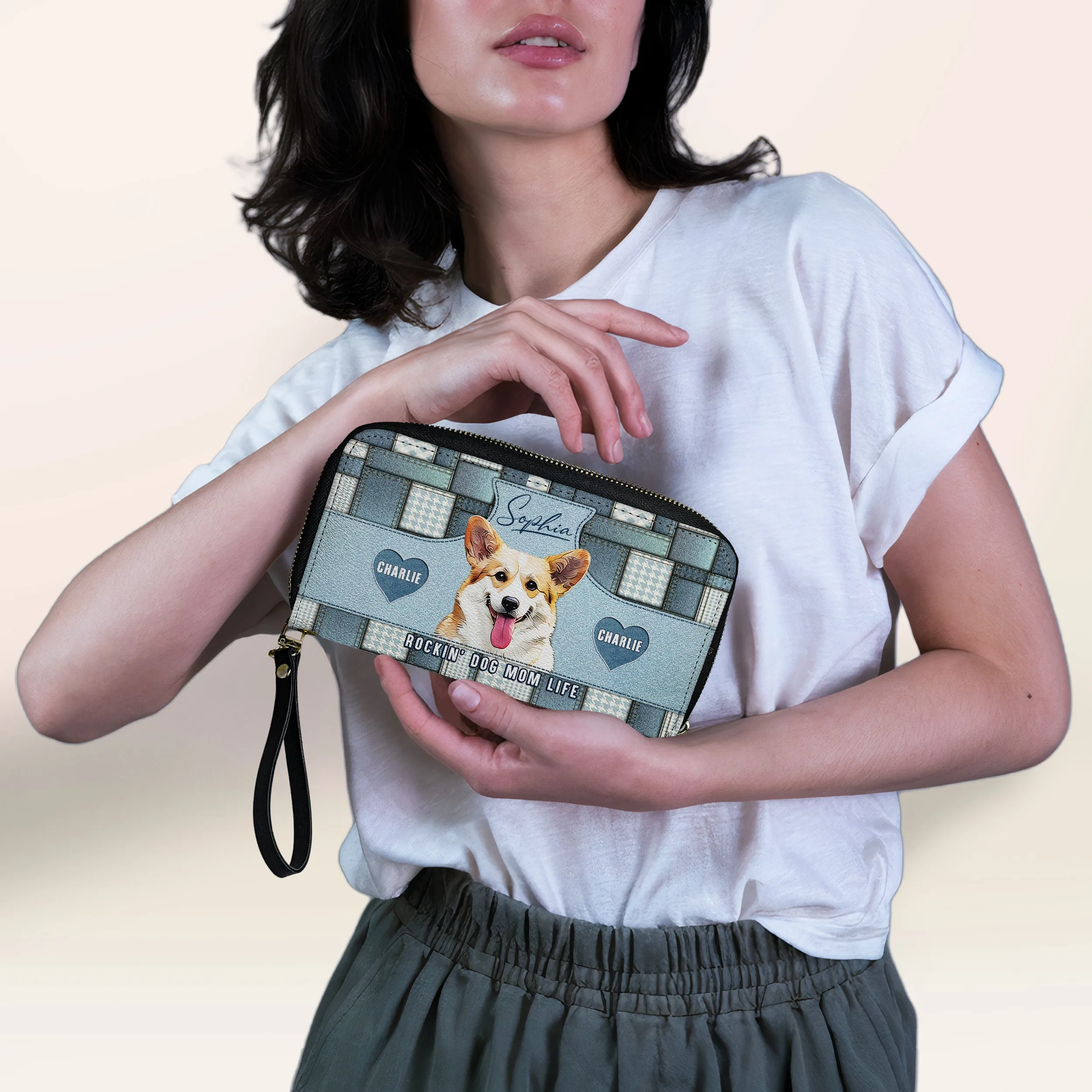 Custom Dog Portrait Denim Patchwork Leather Purse
