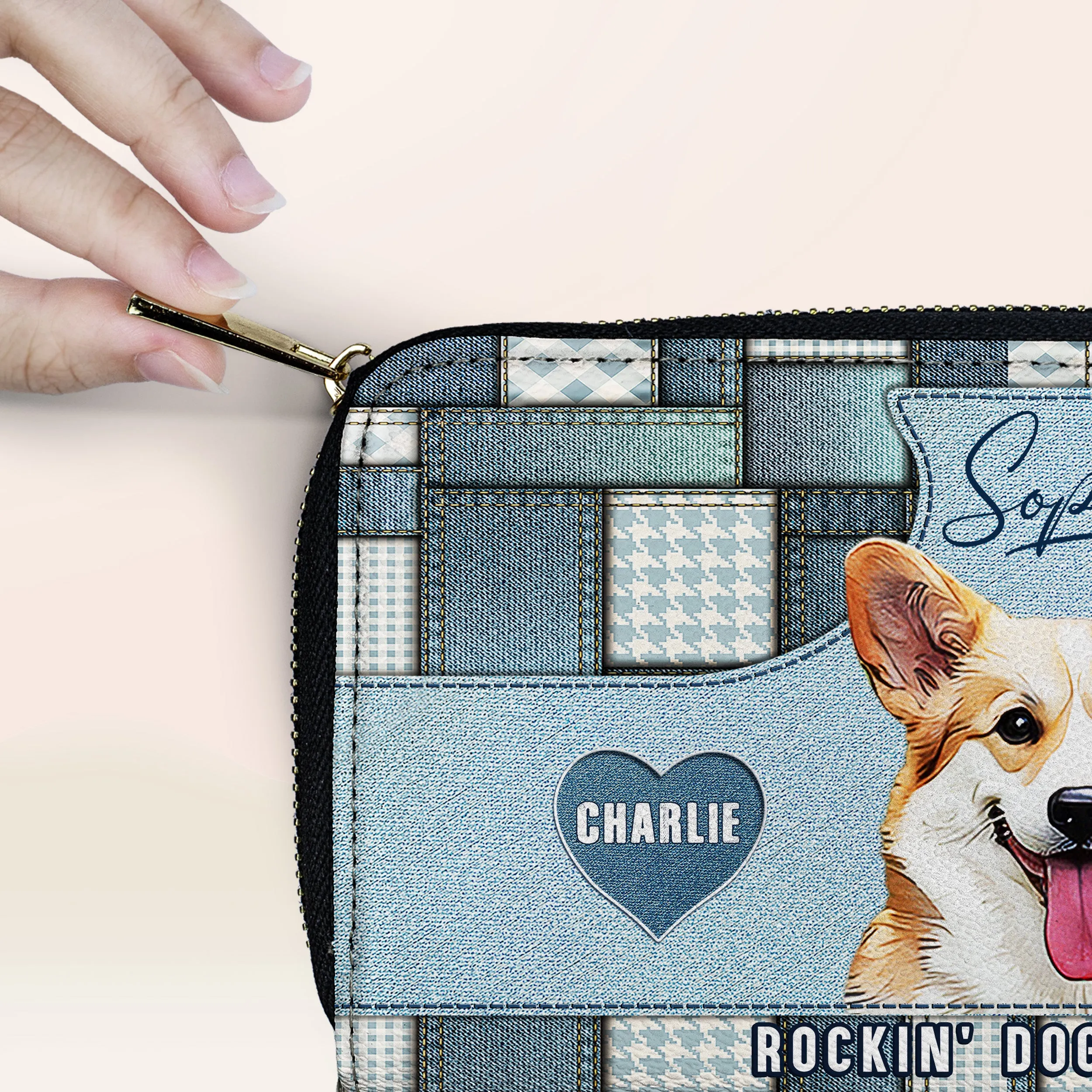 Custom Dog Portrait Denim Patchwork Leather Purse