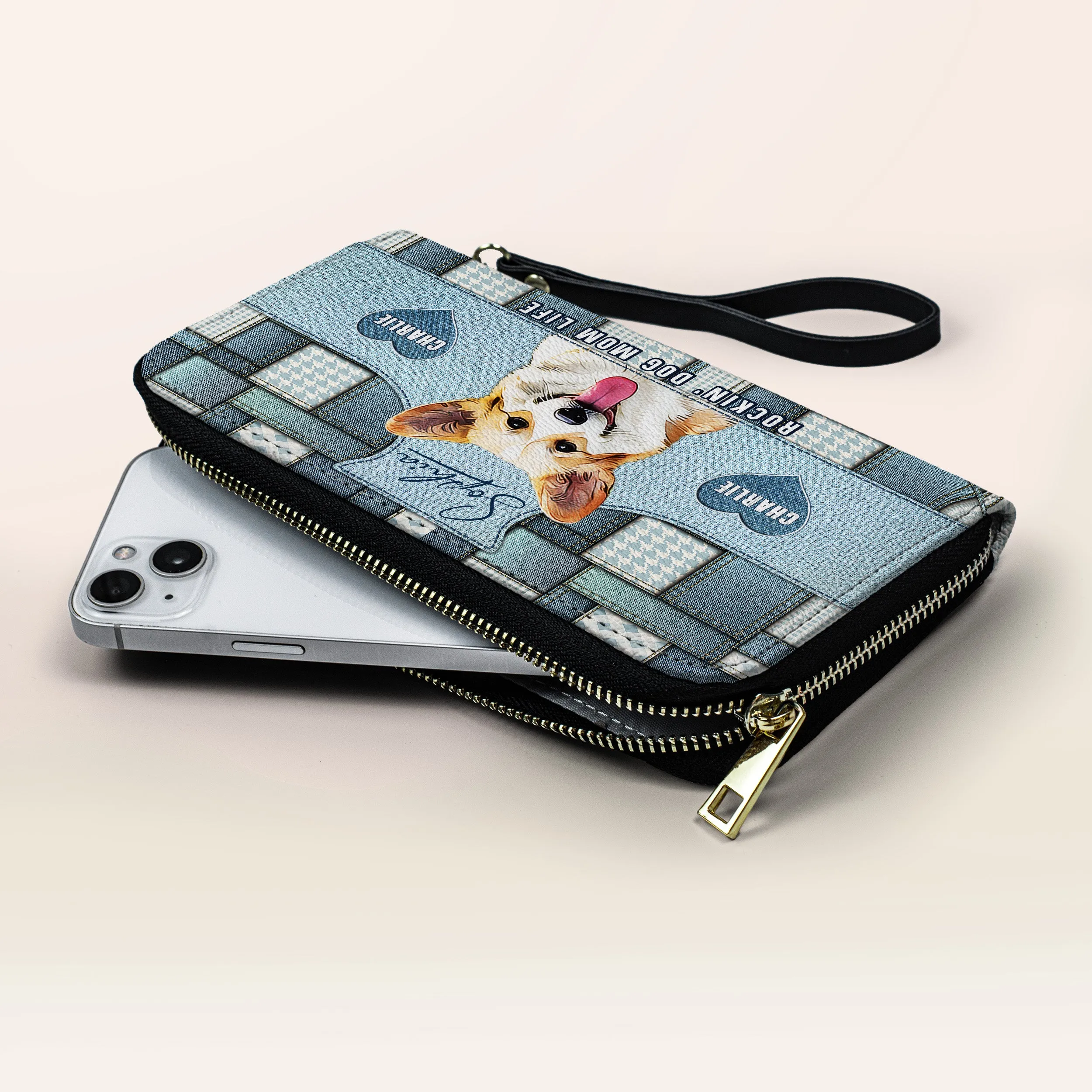 Custom Dog Portrait Denim Patchwork Leather Purse