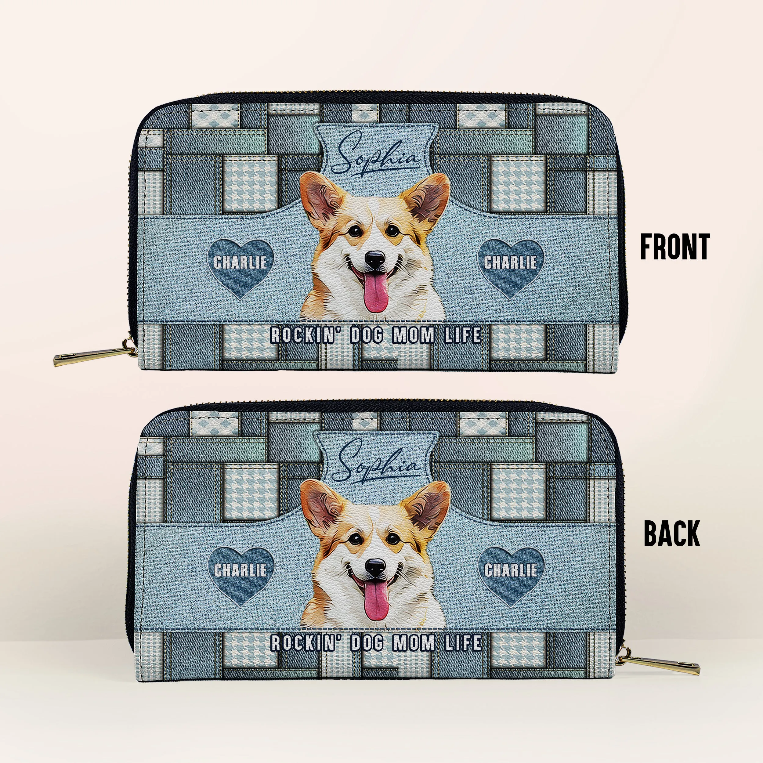 Custom Dog Portrait Denim Patchwork Leather Purse