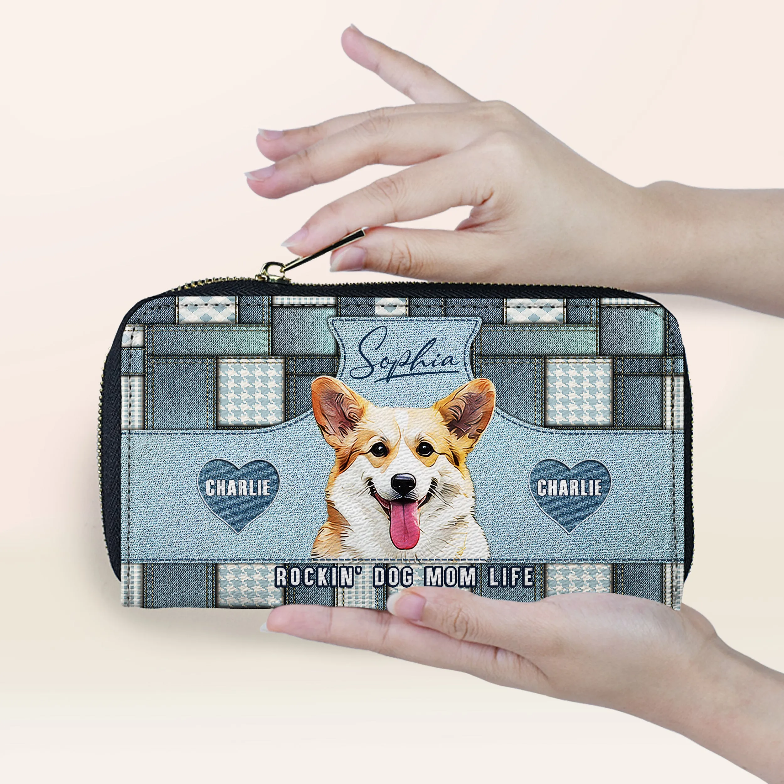 Custom Dog Portrait Denim Patchwork Leather Purse