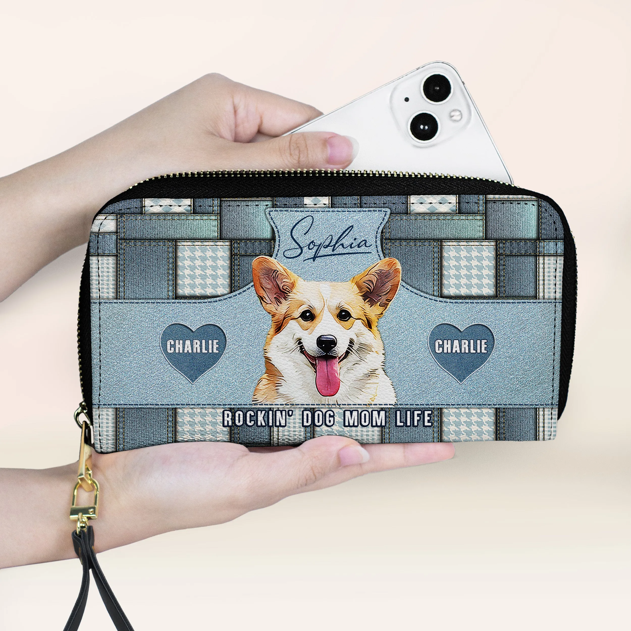 Custom Dog Portrait Denim Patchwork Leather Purse