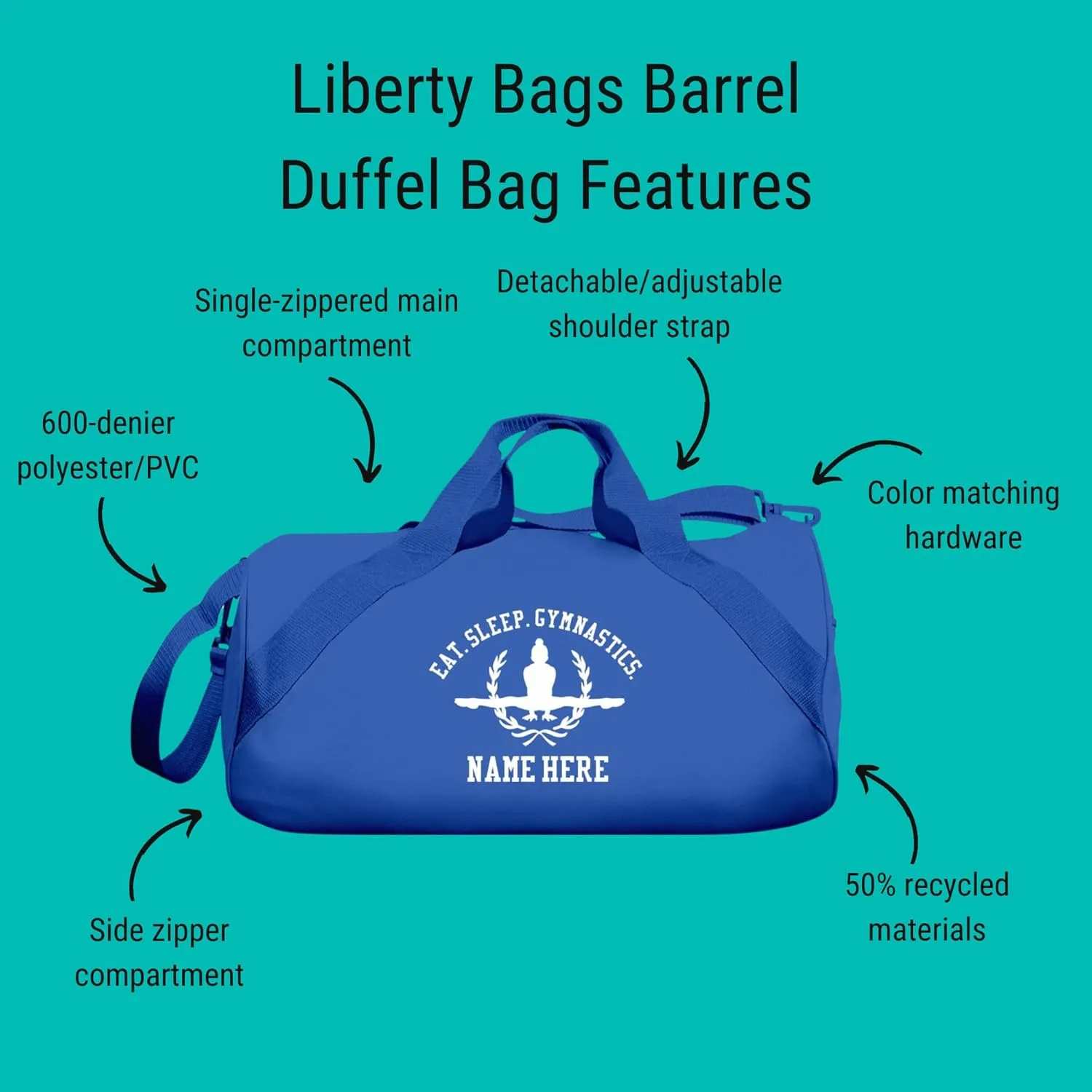 CustomizedGirl Personalized Duffle Gym Bag - Gym Bag for Women, Polyester Duffle Bag for Men with Detachable & Adjustable Shoulder Strap, Cheer Bag with Custom Name & Side Zipper Compartment
