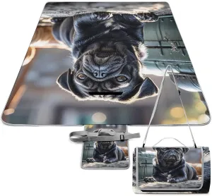 Cute Black Pug Dog Picnic Blanket Outdoor, Oversized Beach Blanket, Foldable Lightweight Waterproof Sand Cushion Suitable for Beaches, Camping Grasslands Mat