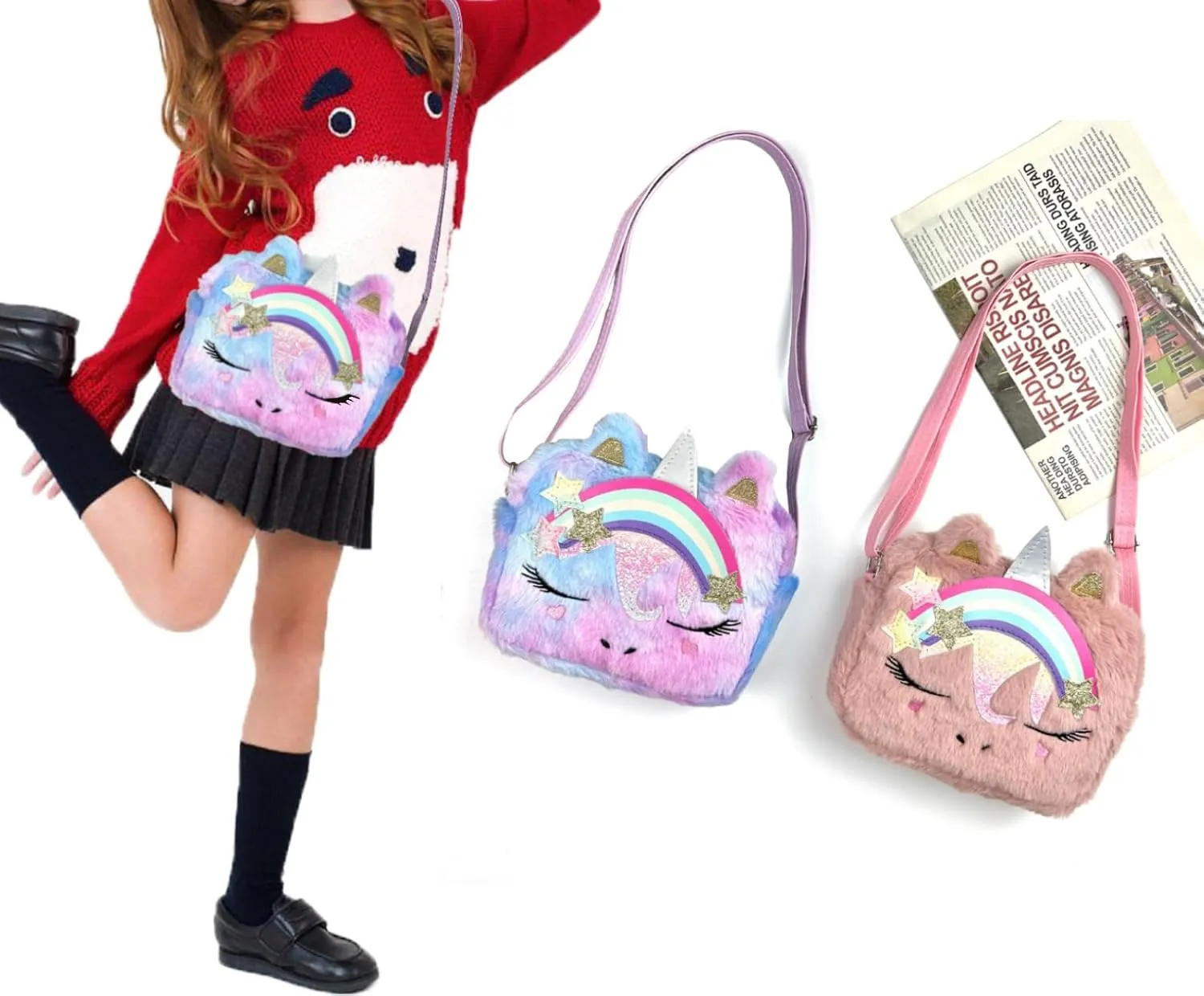 Cute Unicorn Crossbody Purse Pink Fluffy Satchel Shoulder Bag Animal Plush Messenger Bag Kawaii Purse Unicorn Gift