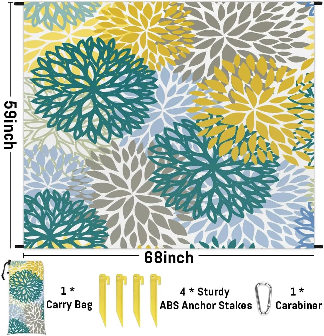 Dahlia Floral Beach Blanket, Sandproof Beach Mat, 68 x 59 Waterproof Quick Drying Sand Free Mat with 4 x Ground Spikes for Outdoor Travel Camping Hiking, Flowers Abstract Modern