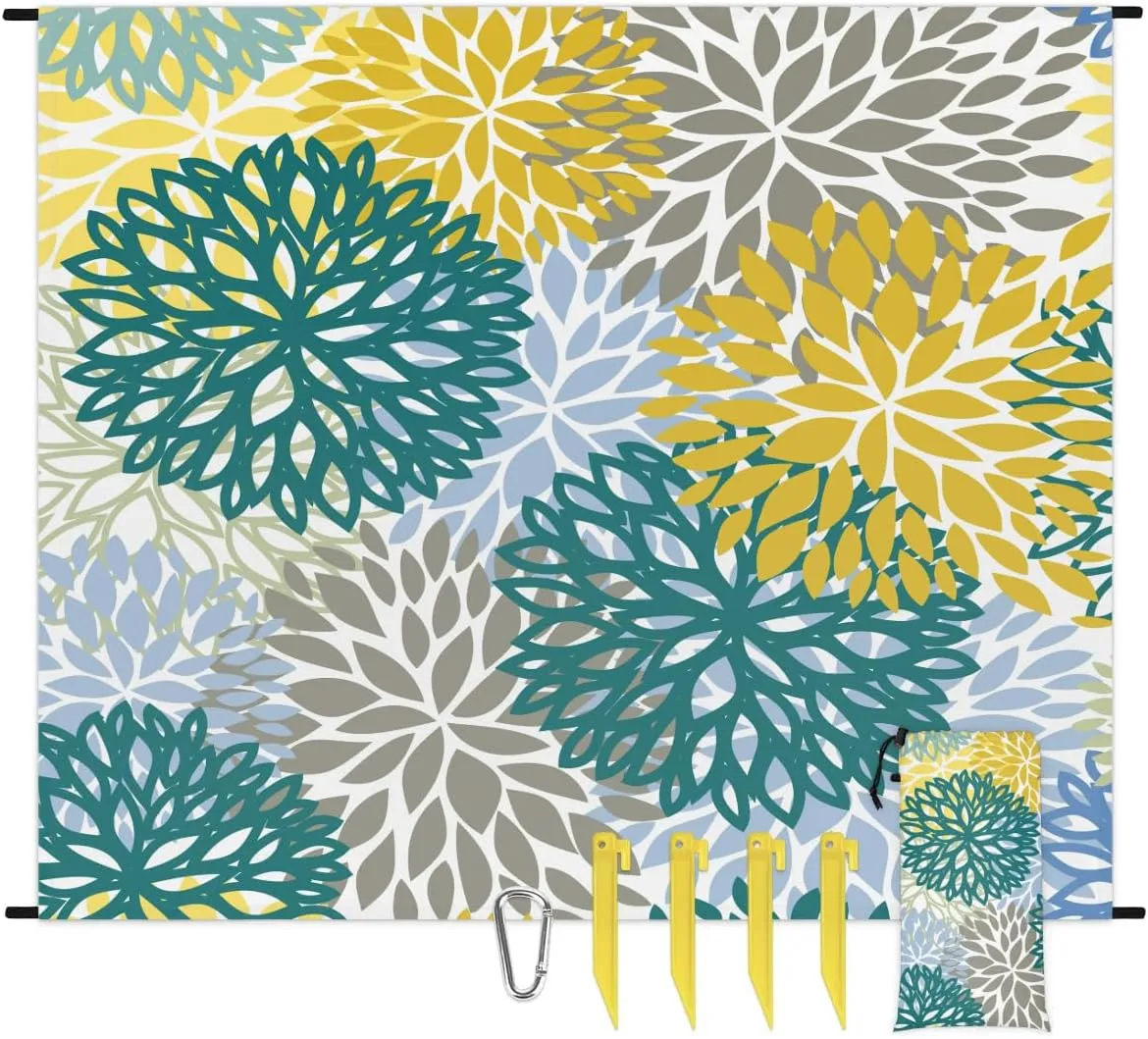 Dahlia Floral Beach Blanket, Sandproof Beach Mat, 68 x 59 Waterproof Quick Drying Sand Free Mat with 4 x Ground Spikes for Outdoor Travel Camping Hiking, Flowers Abstract Modern