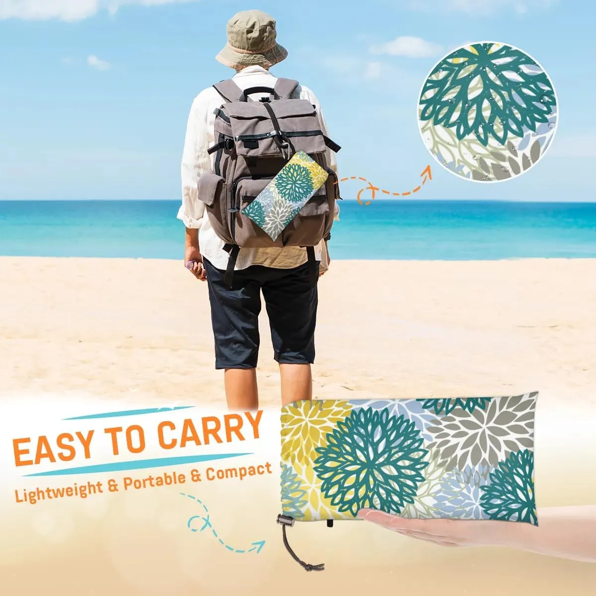 Dahlia Floral Beach Blanket, Sandproof Beach Mat, 68 x 59 Waterproof Quick Drying Sand Free Mat with 4 x Ground Spikes for Outdoor Travel Camping Hiking, Flowers Abstract Modern