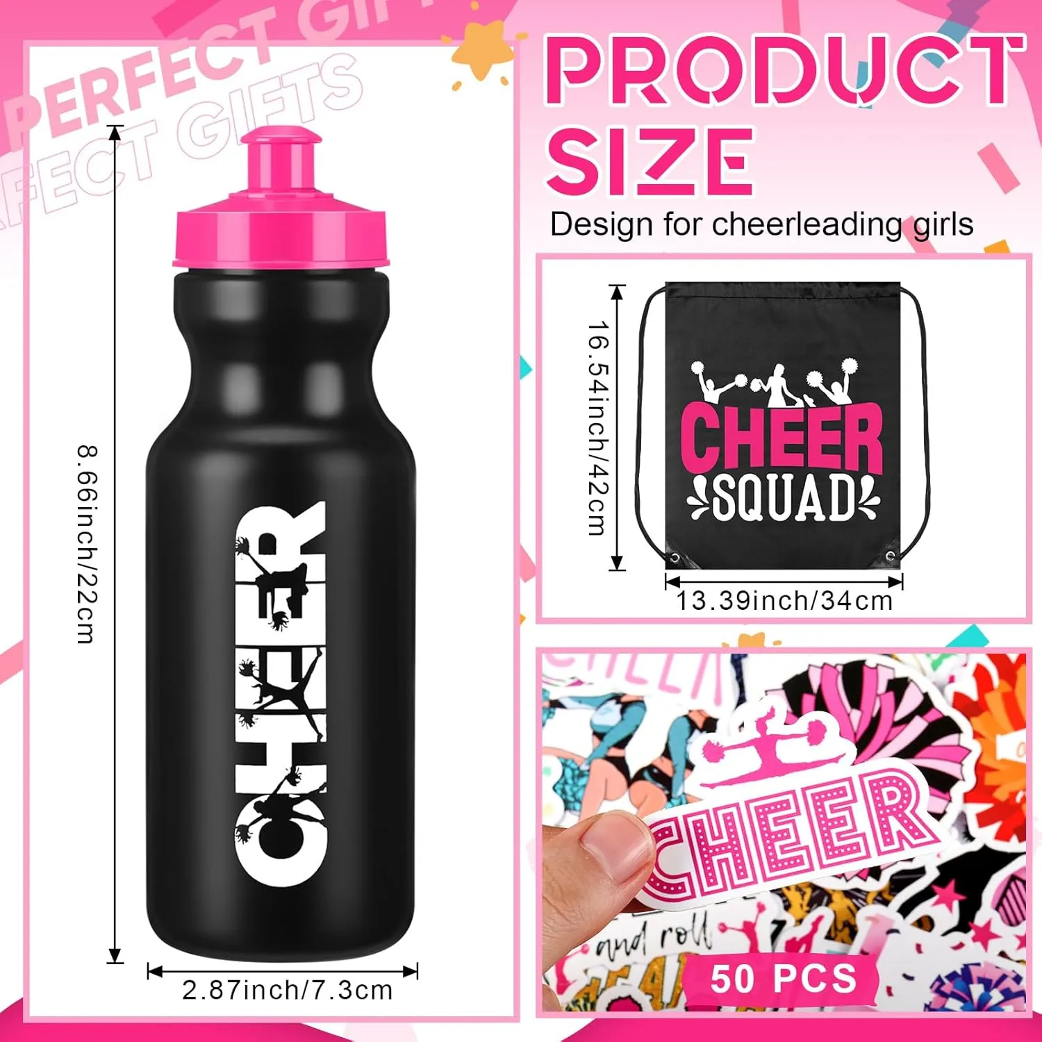 Dandat 21 Pcs Cheerleader Gifts Cheer Drawstring Bag Eat Sleep Cheer Bag 20oz Cheerleading Plastic Water Bottles Vinyl Cheerleading Stickers Positive Waterproof Decals for Youth Teen