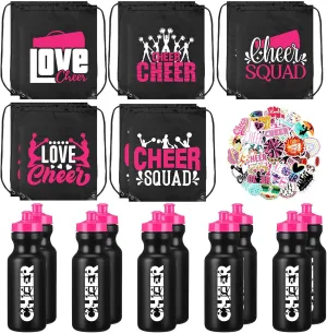 Dandat 21 Pcs Cheerleader Gifts Cheer Drawstring Bag Eat Sleep Cheer Bag 20oz Cheerleading Plastic Water Bottles Vinyl Cheerleading Stickers Positive Waterproof Decals for Youth Teen