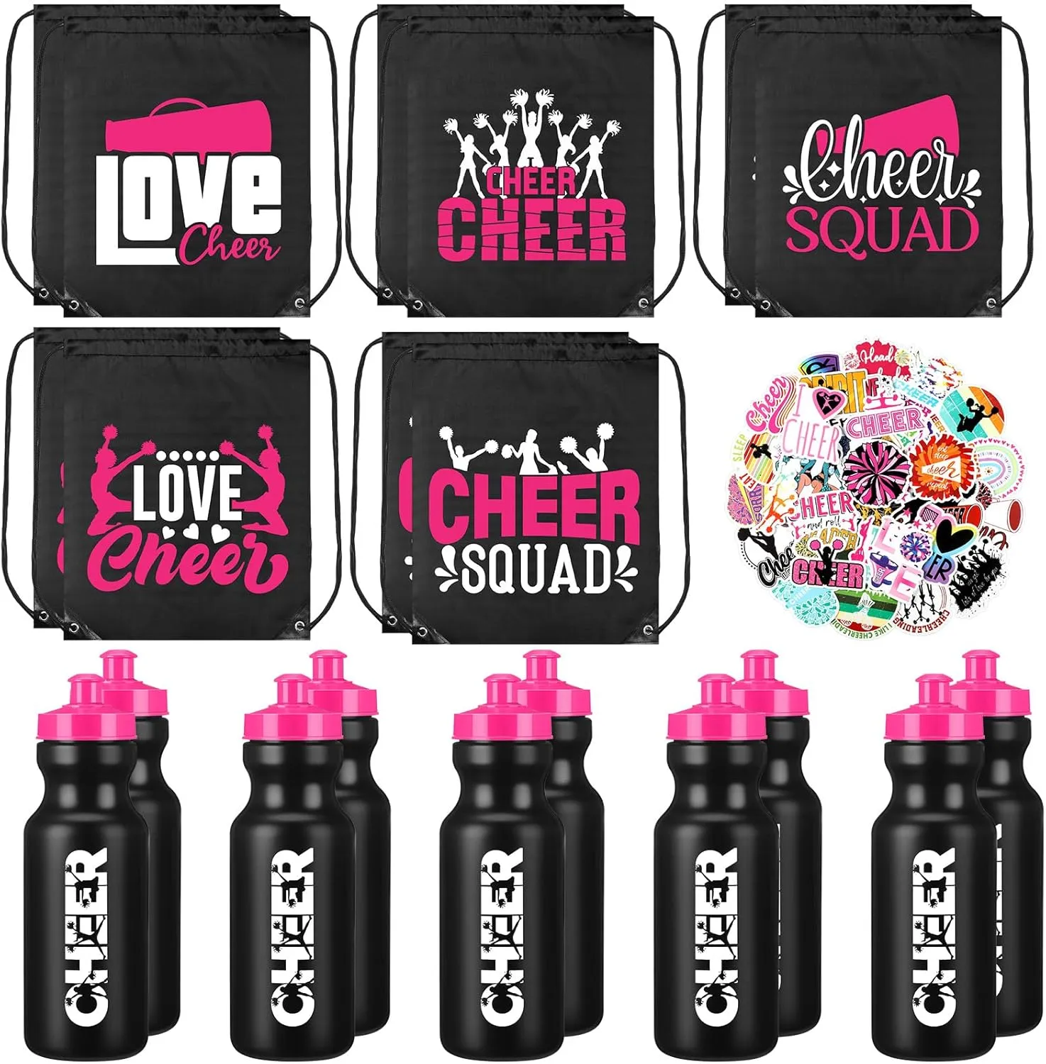 Dandat 21 Pcs Cheerleader Gifts Cheer Drawstring Bag Eat Sleep Cheer Bag 20oz Cheerleading Plastic Water Bottles Vinyl Cheerleading Stickers Positive Waterproof Decals for Youth Teen