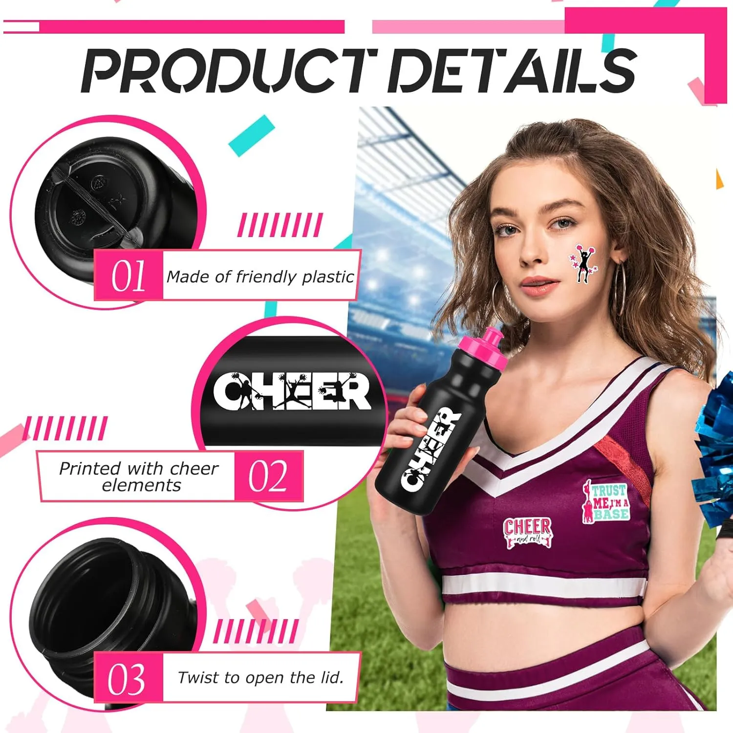 Dandat 21 Pcs Cheerleader Gifts Cheer Drawstring Bag Eat Sleep Cheer Bag 20oz Cheerleading Plastic Water Bottles Vinyl Cheerleading Stickers Positive Waterproof Decals for Youth Teen