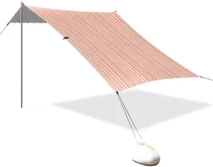 Dark Salmon Striped Foldable Beach Cabana UPF50  Protection Easy Setup Large Sun Shade with Carrying Bag for Camping, Picnics, Backyard
