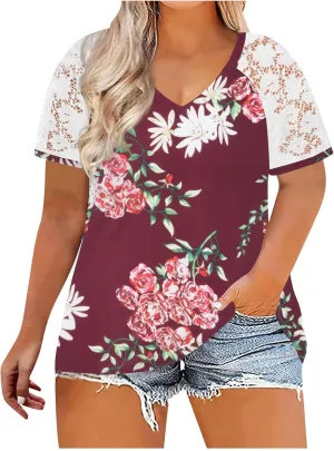DASAYO Women's Plus Size Summer Tops Lace Short Sleeve Floral Print Trendy Tee Shirts Fashion Casual Summer t Shirt Blouses