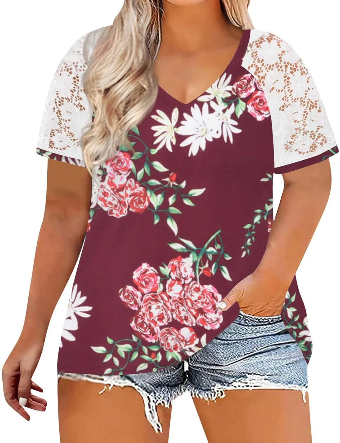 DASAYO Women's Plus Size Summer Tops Lace Short Sleeve Floral Print Trendy Tee Shirts Fashion Casual Summer t Shirt Blouses