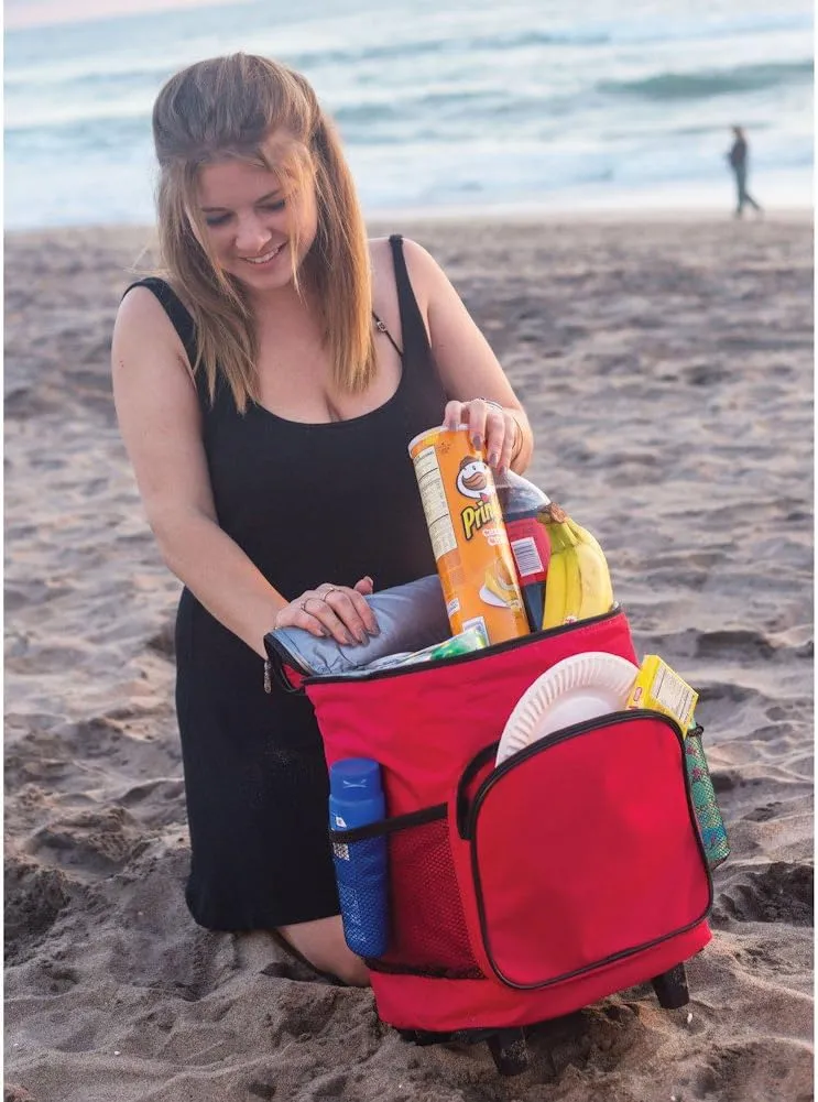 dbest products Ultra Compact Cooler Smart Cart, Red Insulated Collapsible Rolling Tailgate BBQ Beach Summer