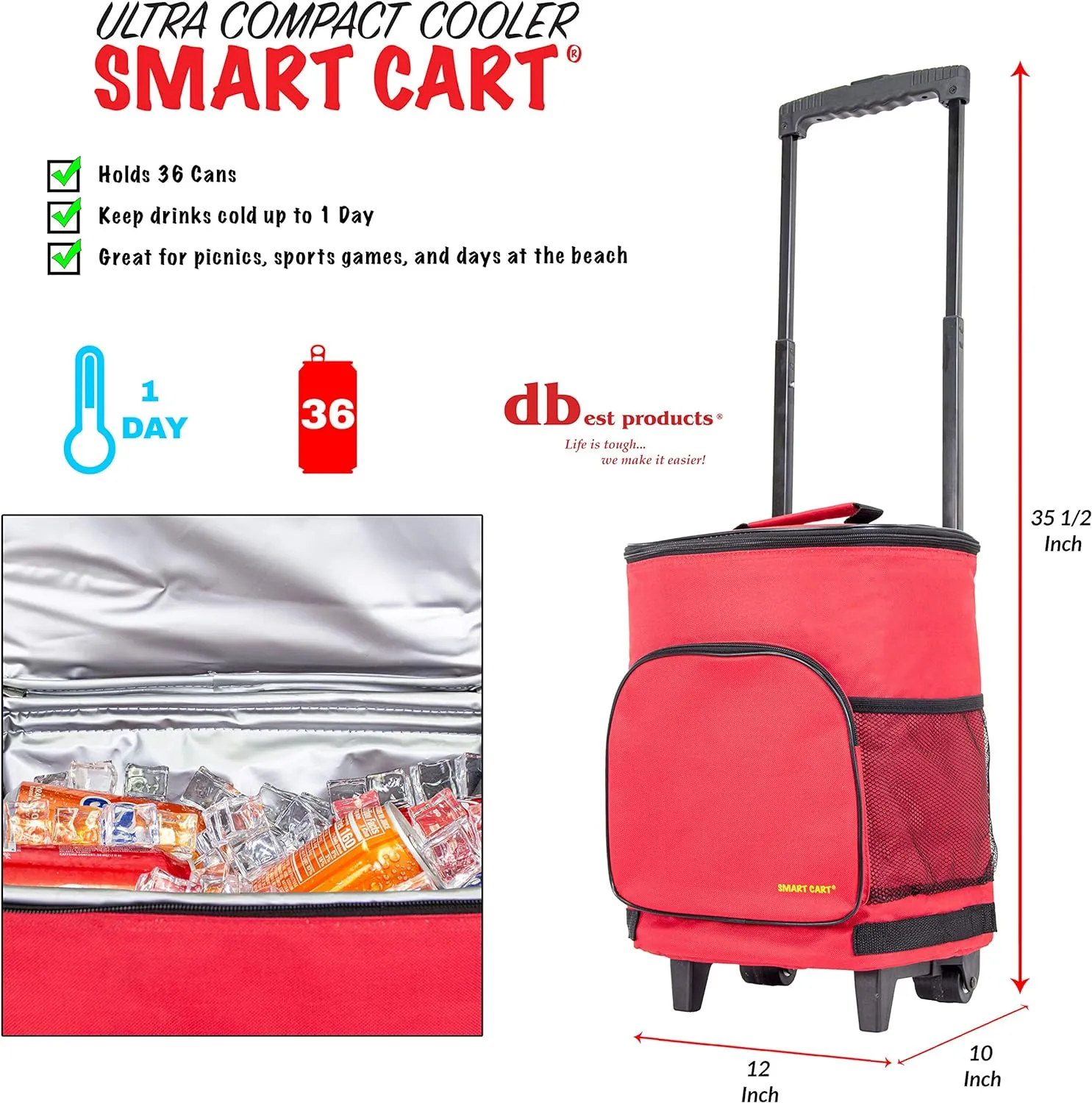 dbest products Ultra Compact Cooler Smart Cart, Red Insulated Collapsible Rolling Tailgate BBQ Beach Summer