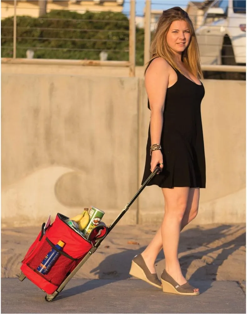 dbest products Ultra Compact Cooler Smart Cart, Red Insulated Collapsible Rolling Tailgate BBQ Beach Summer