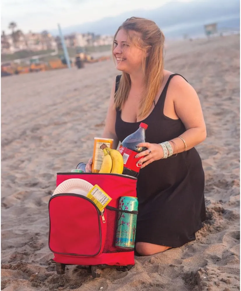 dbest products Ultra Compact Cooler Smart Cart, Red Insulated Collapsible Rolling Tailgate BBQ Beach Summer