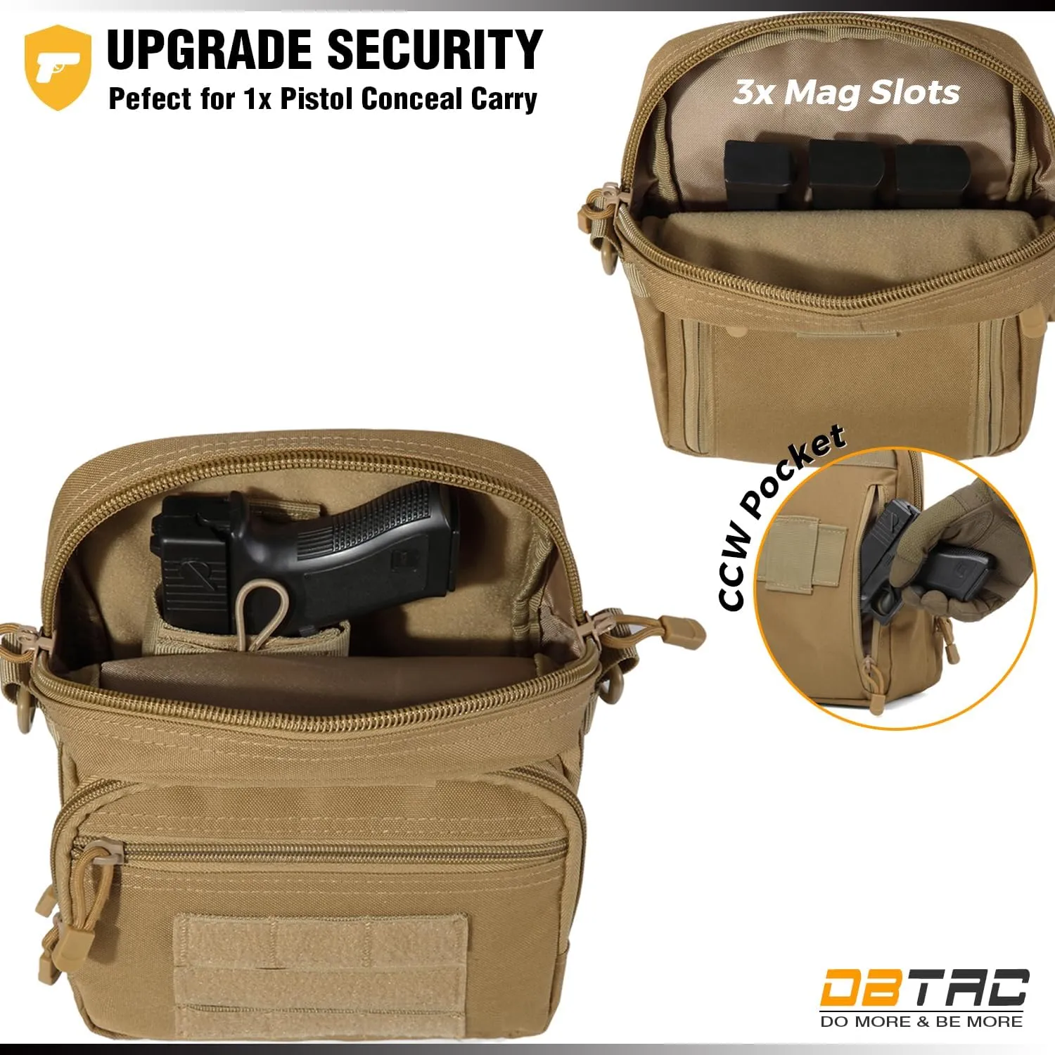 DBTAC DO MORE & BE MORE Tactical Gun Pouch Purse | 3L CCW Crossbody Travel Bag w/Shoulder Strap | Compact Tactical Shoulder Bag w/Gun Holder, Tan